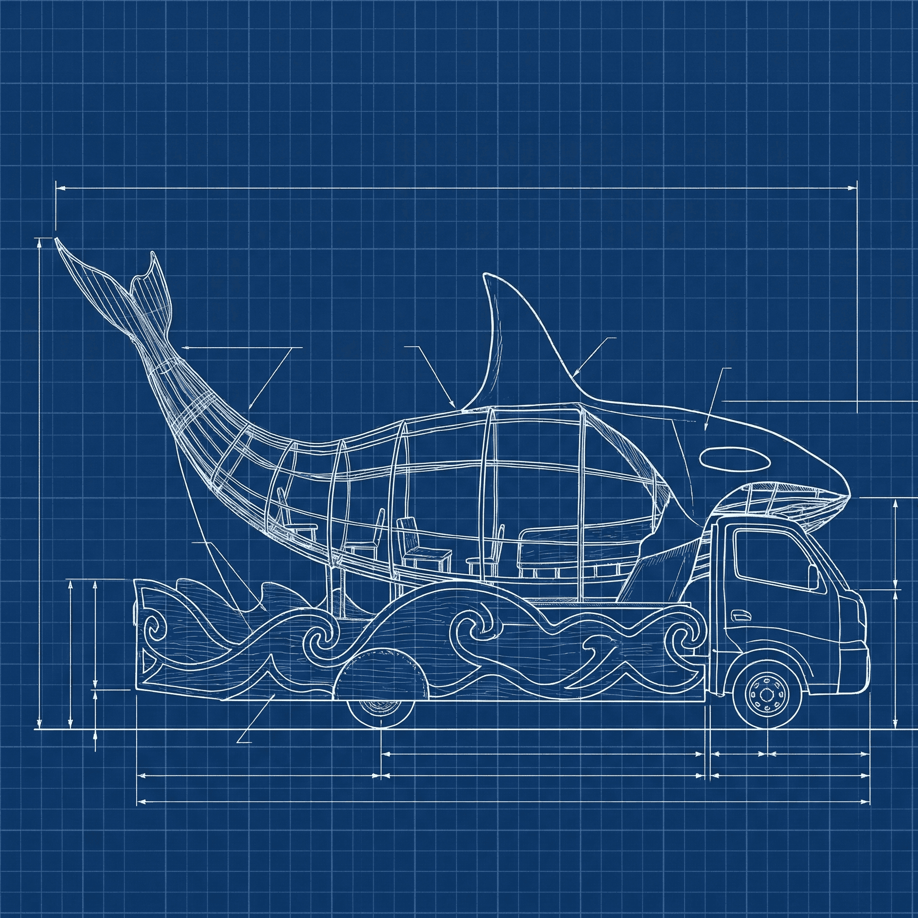 Blueprint-style technical drawing of the Orcar showing structural dimensions and wireframe layout