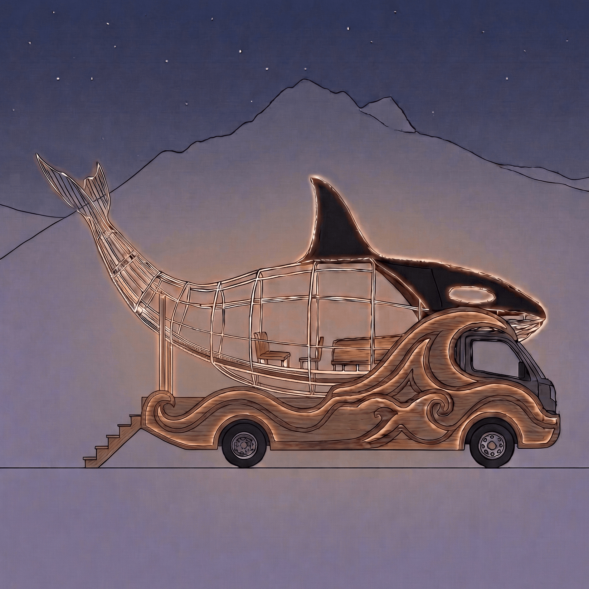Illustrated side view of Orcar at night showing the entry stairs, wireframe body, and wave panels