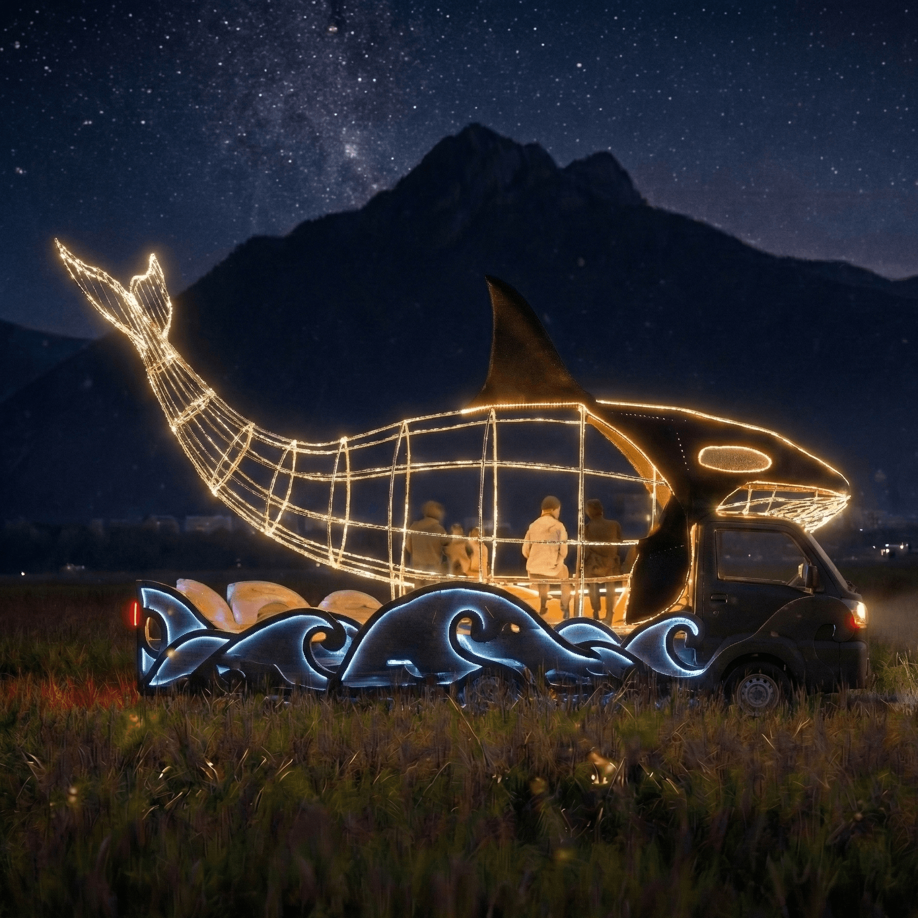 Concept render of Orcar at night with LED lighting tracing the orca outline, starry sky and mountains behind